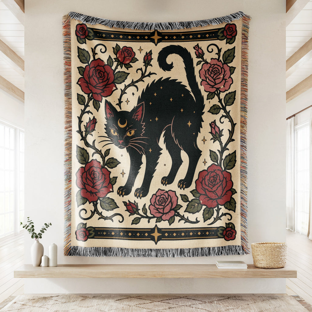 Black Cat & Roses Folk Blanket