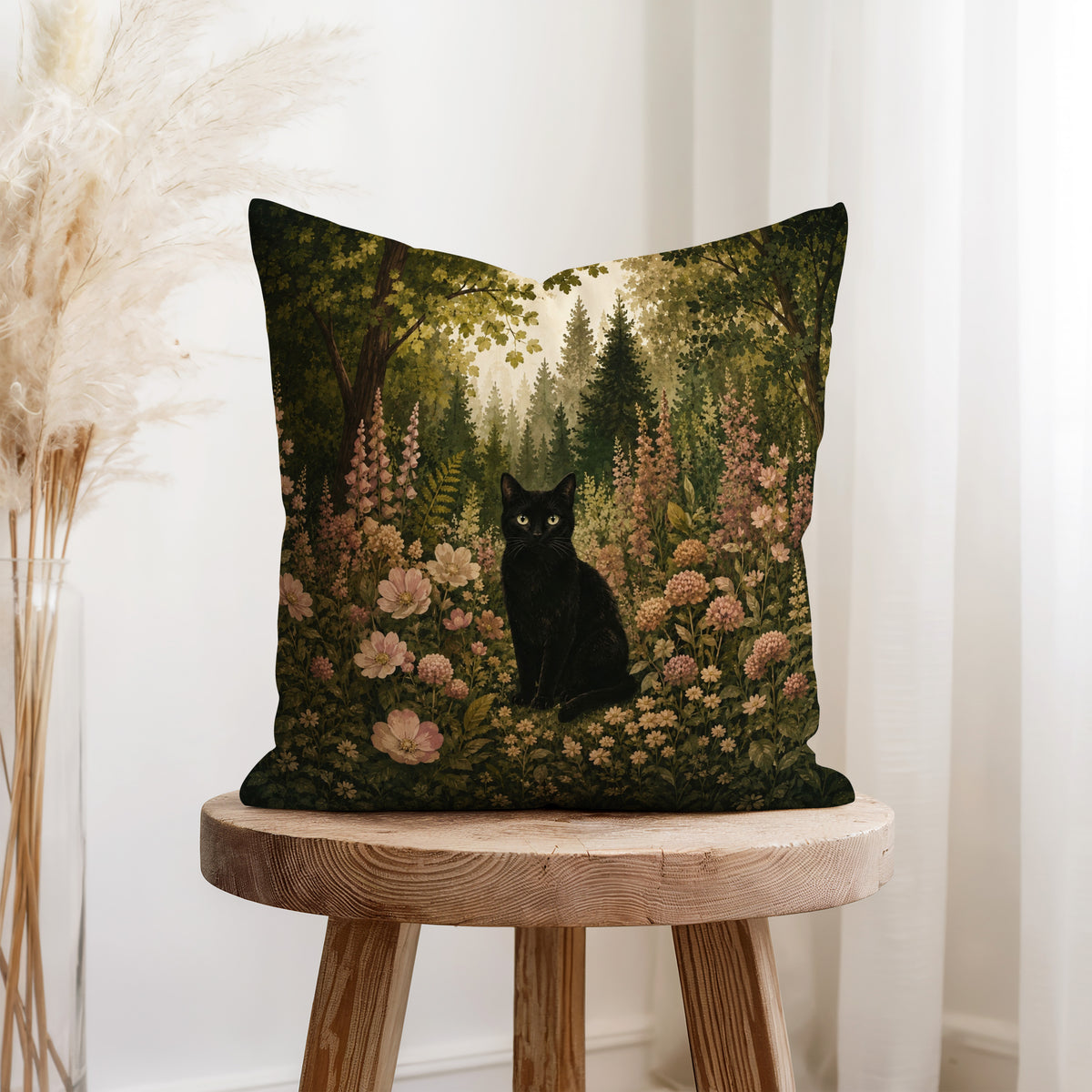 Black Cat in the Wildflower Wood – Floral Pillow