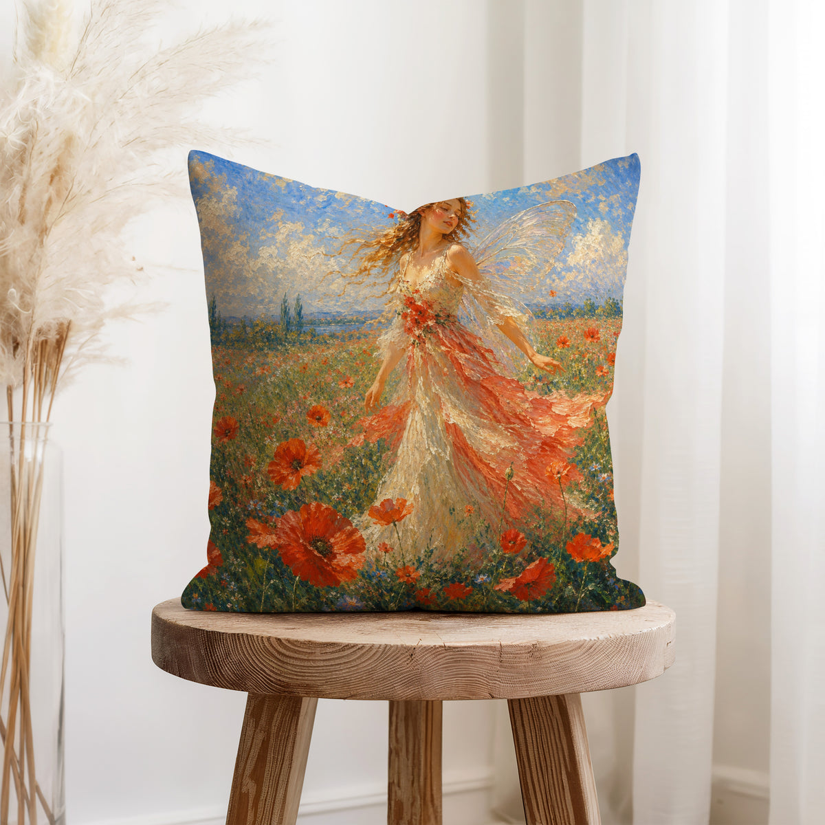 Poppy Meadow Fairy – Impressionist Floral Pillow