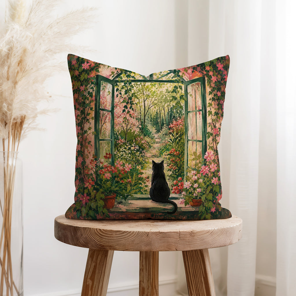 The Garden Door – Black Cat Floral Pillow