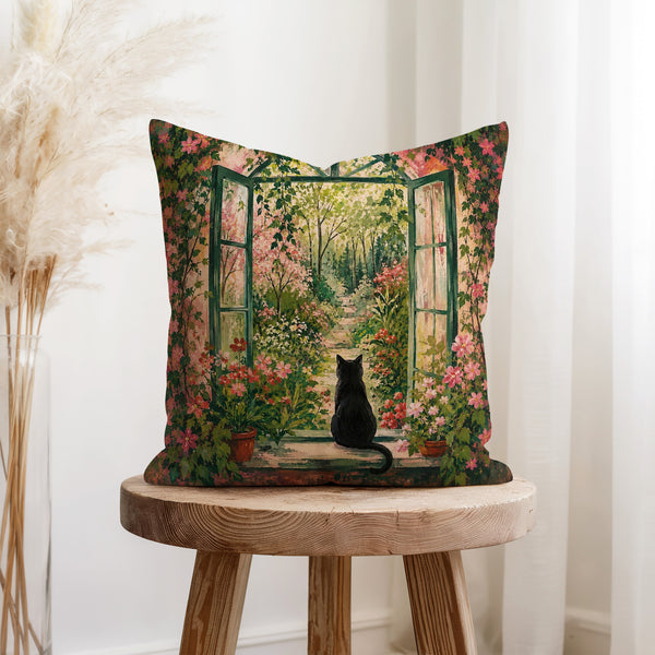 The Garden Door – Black Cat Floral Pillow