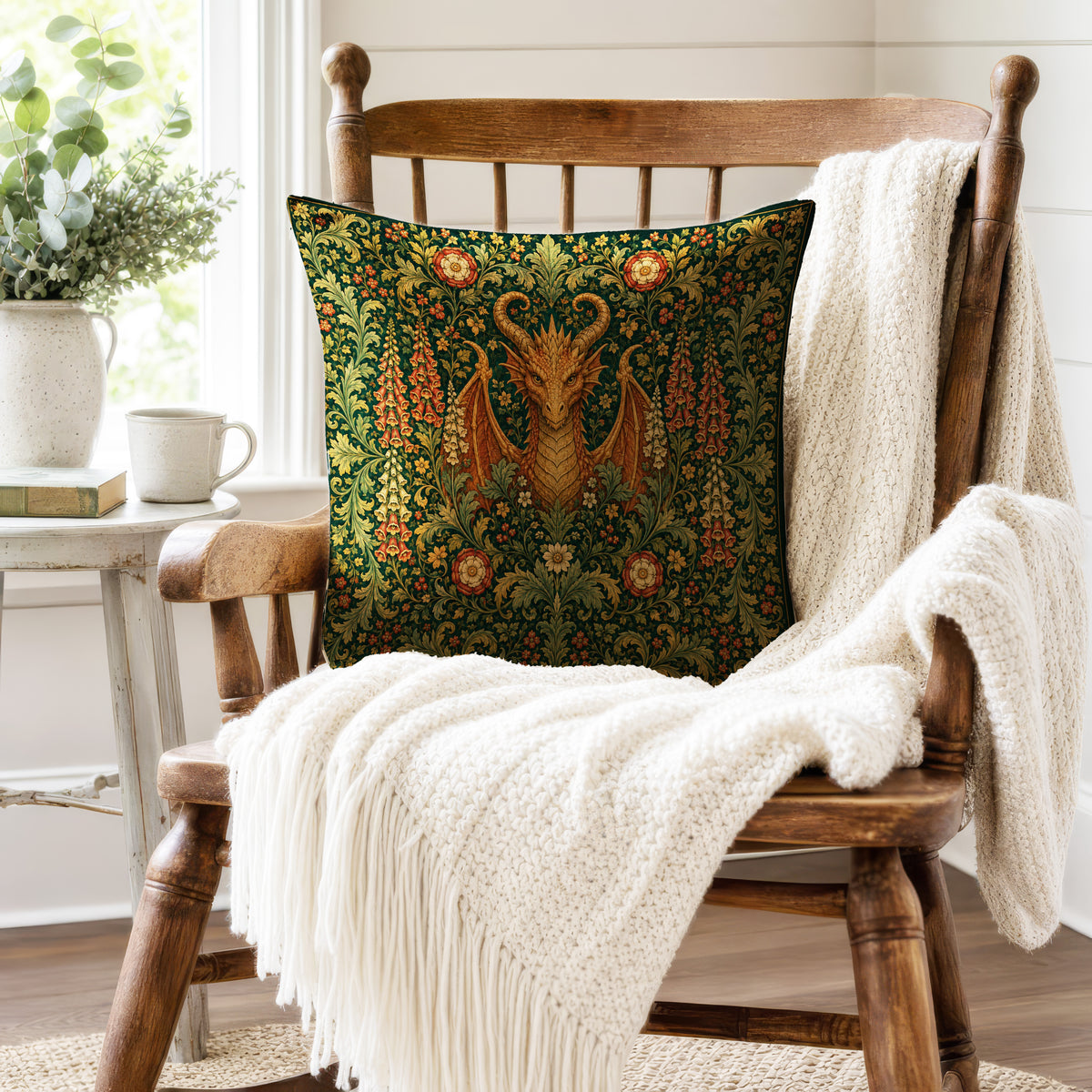 The Horned Wyrm – Medieval Dragon Floral Pillow