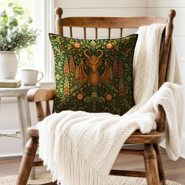 The Horned Wyrm – Medieval Dragon Floral Pillow