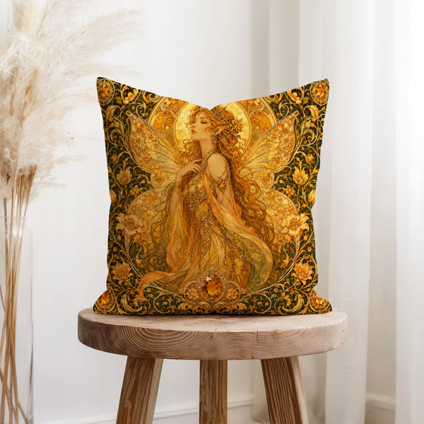 Topaz Fairy – Golden Art Nouveau Pillow