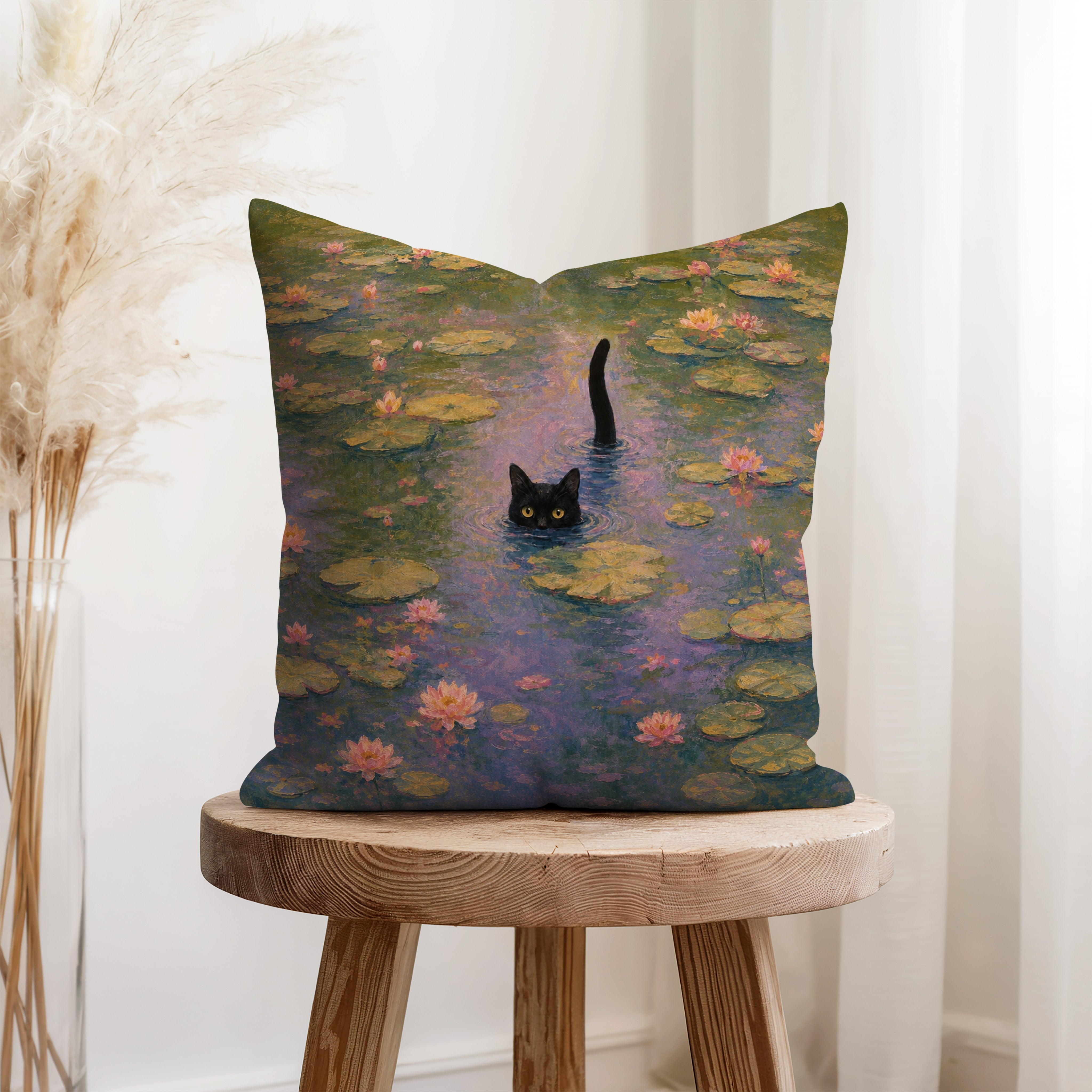 Water Lily Cat – Whimsical Pond Pillow Secondary image