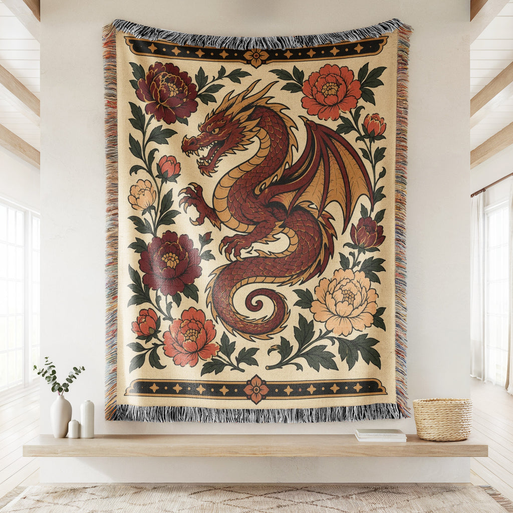 Crimson Dragon & Peonies Blanket