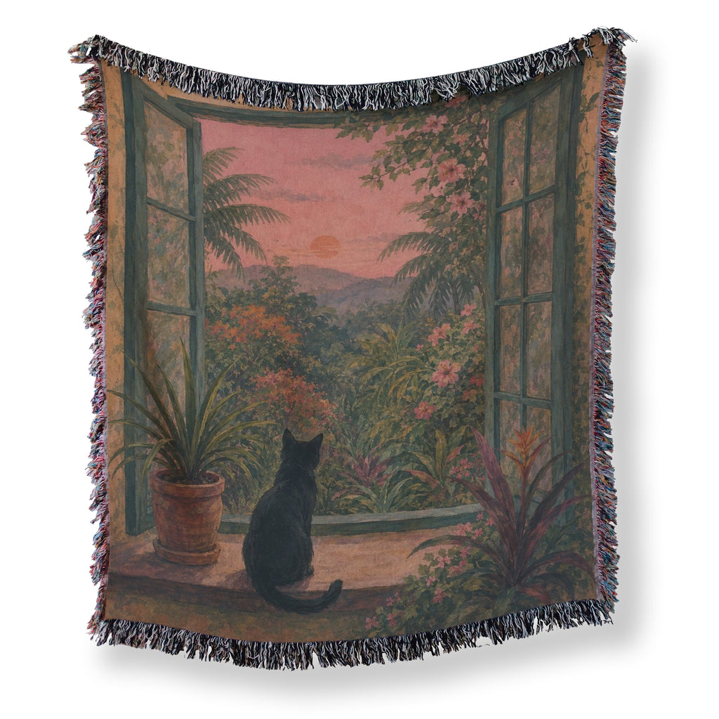 Sunset Garden Window Black Cat Blanket