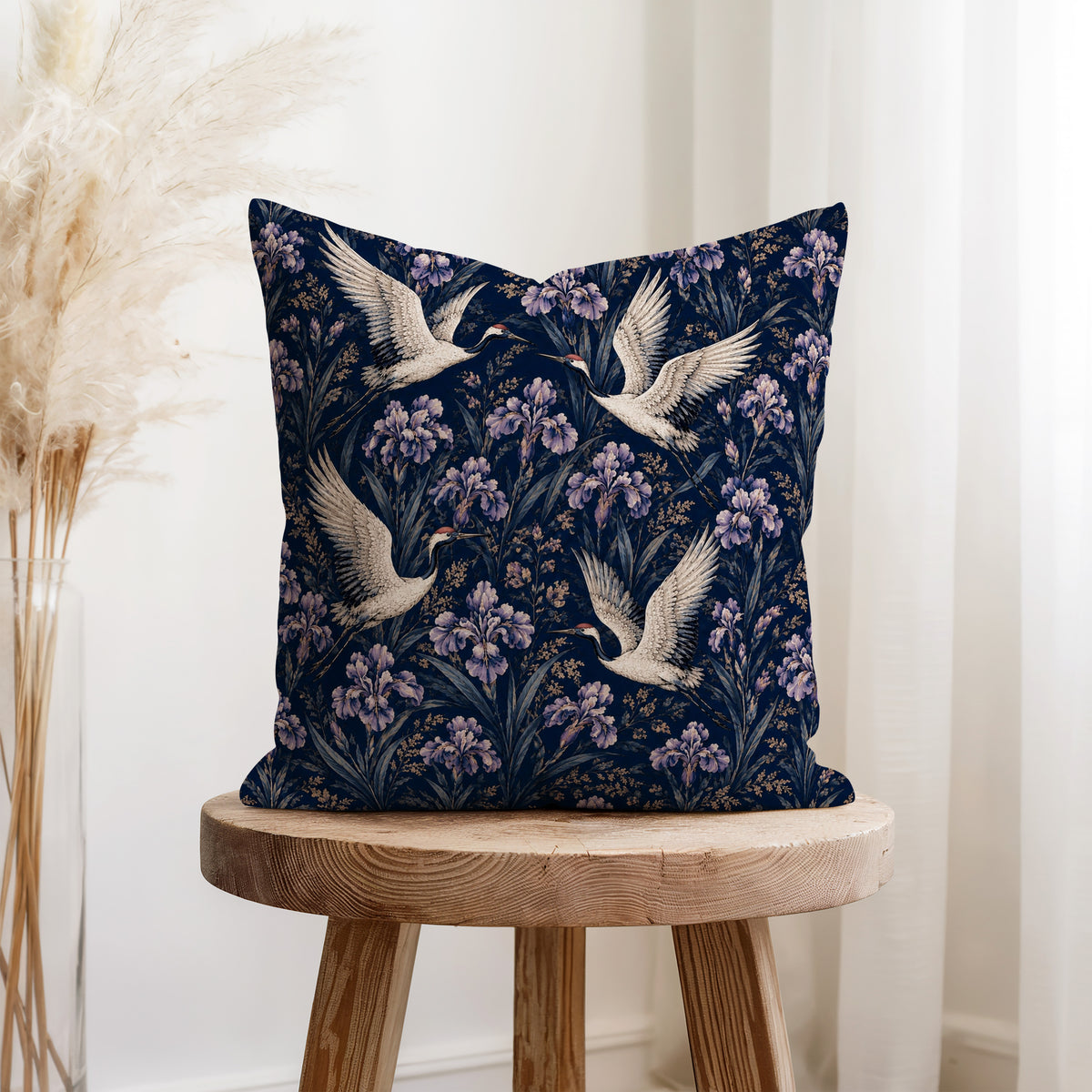 Cranes & Irises – Midnight Floral Pillow