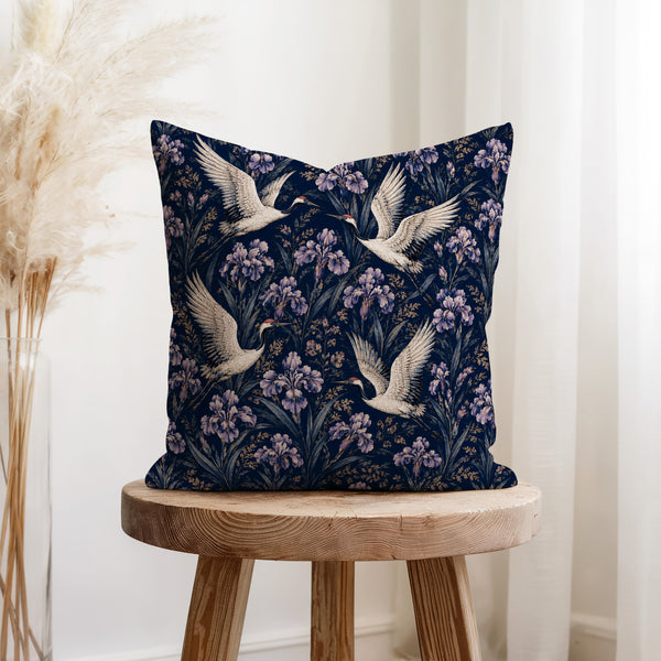 Cranes & Irises – Midnight Floral Pillow