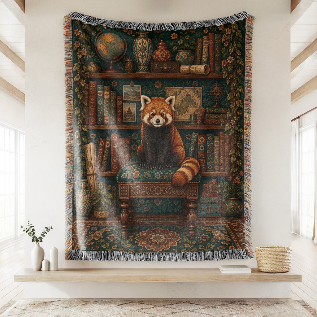 The Curious Red Panda Library Blanket