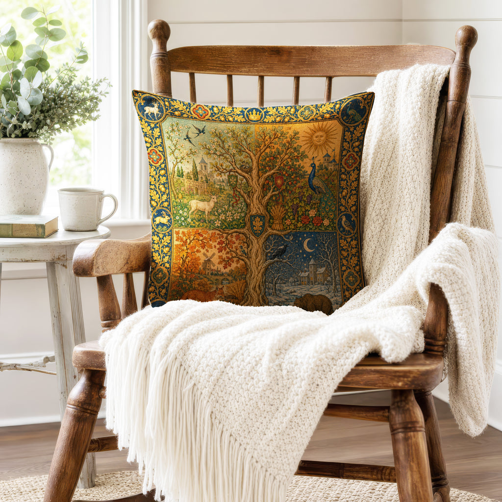 The Four Seasons Tree – Medieval Tapestry Pillow