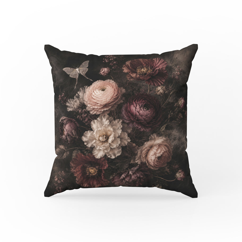 Nocturne Bouquet – Dark Floral Moth Pillow