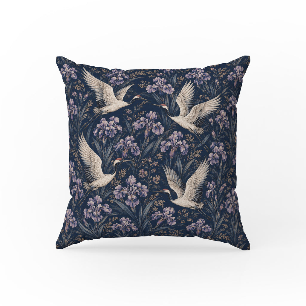 Cranes & Irises – Midnight Floral Pillow
