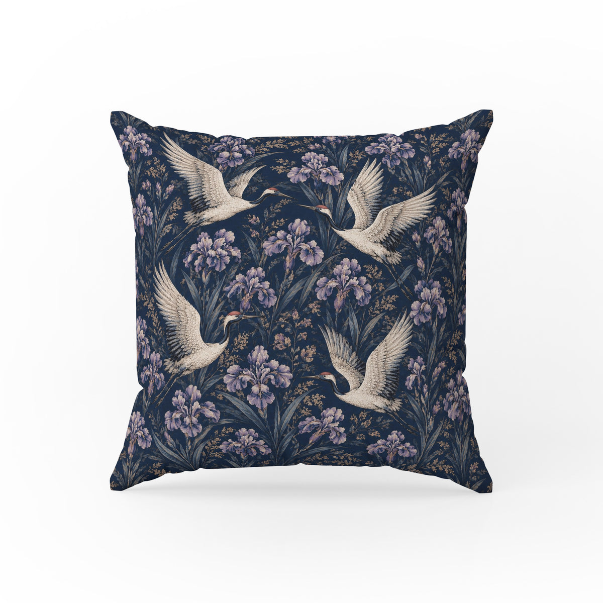 Cranes & Irises – Midnight Floral Pillow