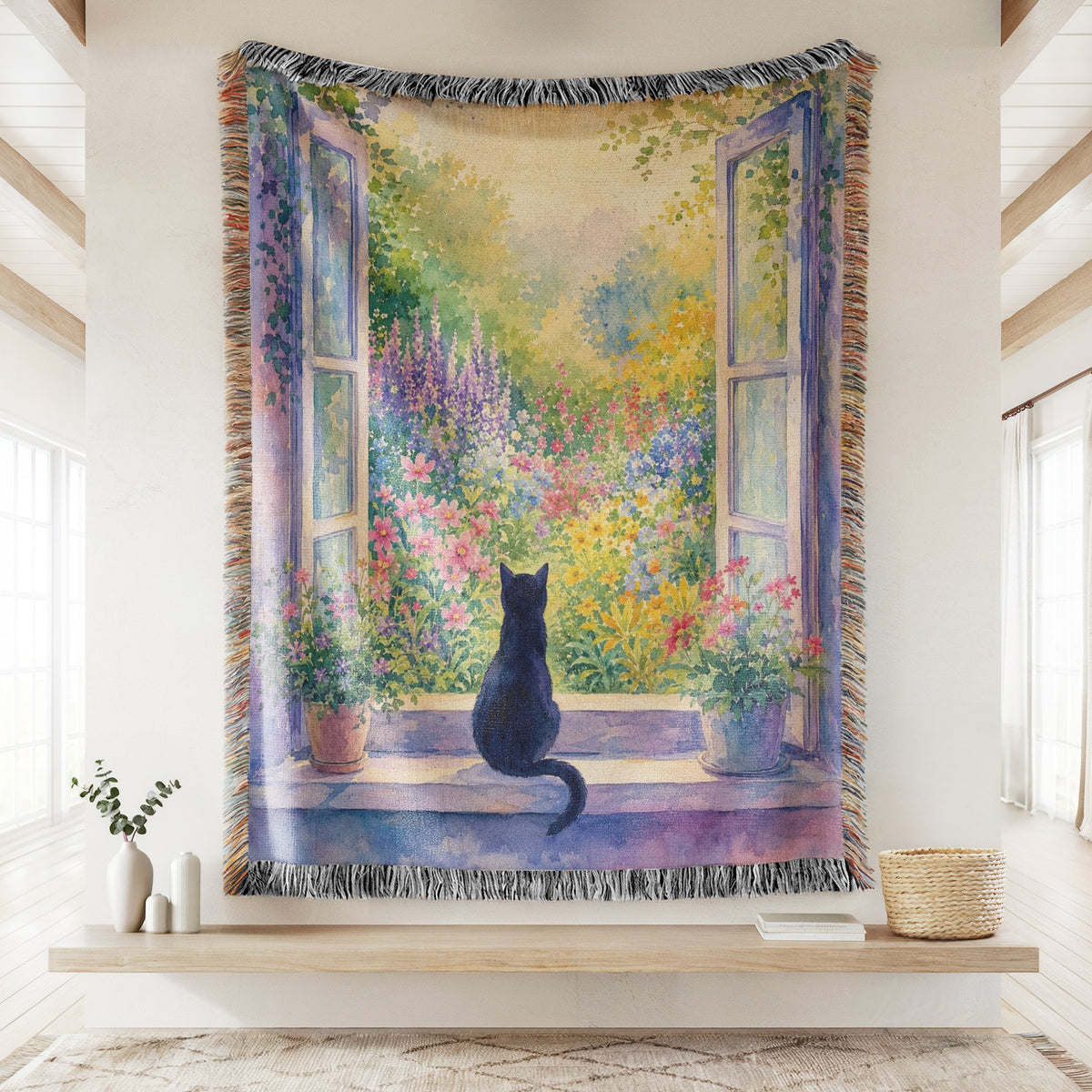 Morning Garden Window Black Cat Blanket