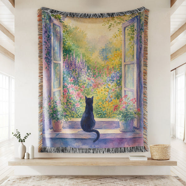 Morning Garden Window Black Cat Blanket