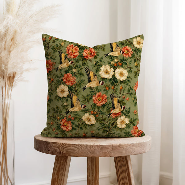 Goldfinch Garden – Vintage Floral Bird Pillow