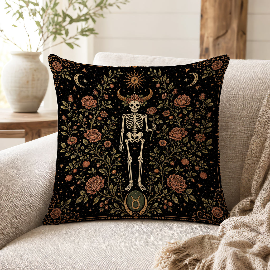 The Rose-Crowned Bull – Taurus Gothic Zodiac Pillow