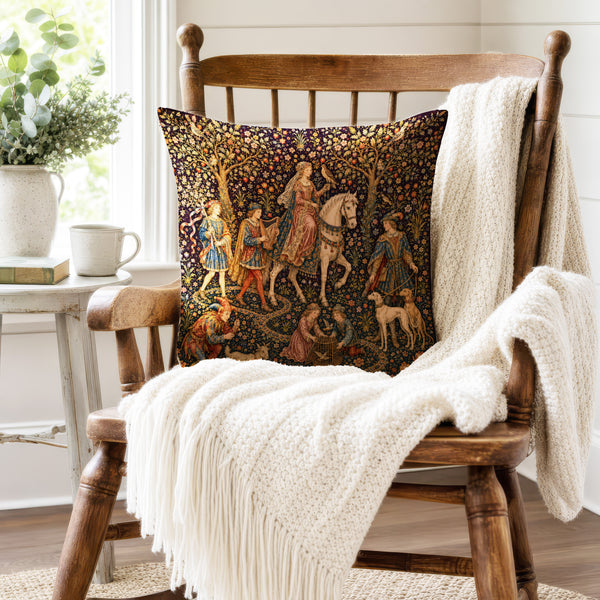 The Noble Procession – Medieval Court Tapestry Pillow