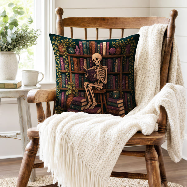 The Midnight Librarian – Skeleton Book Lover Pillow
