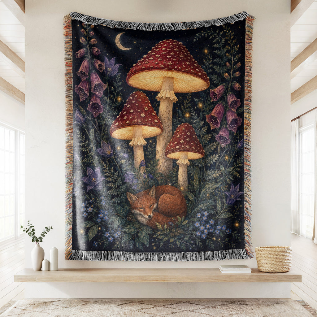 Moonlit Fox & Mushroom Blanket