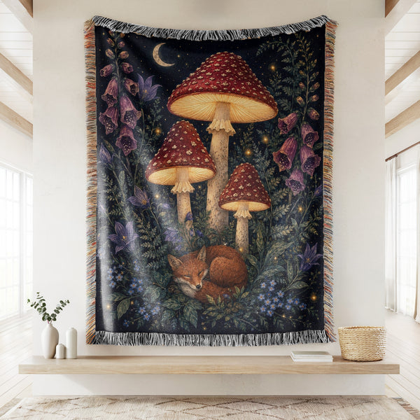 Moonlit Fox & Mushroom Blanket