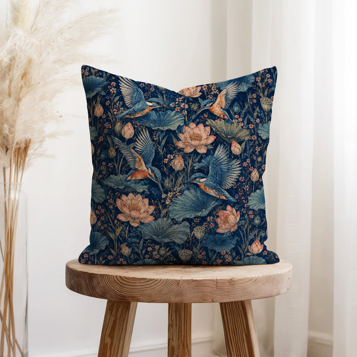 Kingfishers & Lotus – Midnight Pond Pillow