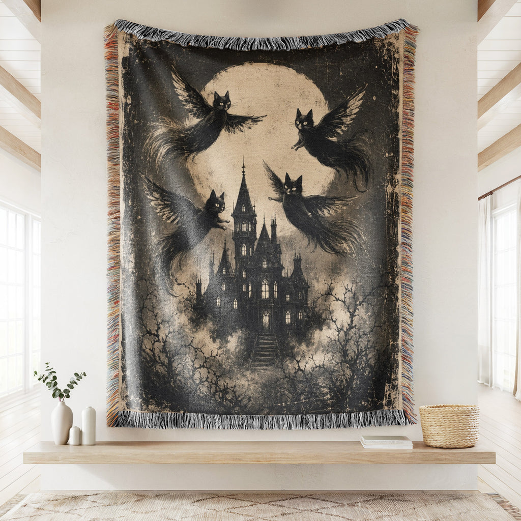 Winged Black Cats Over the Manor Blanket