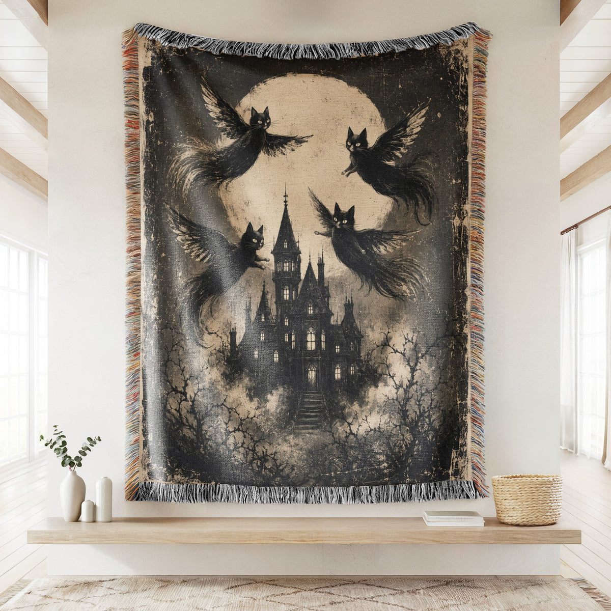 Winged Black Cats Over the Manor Blanket