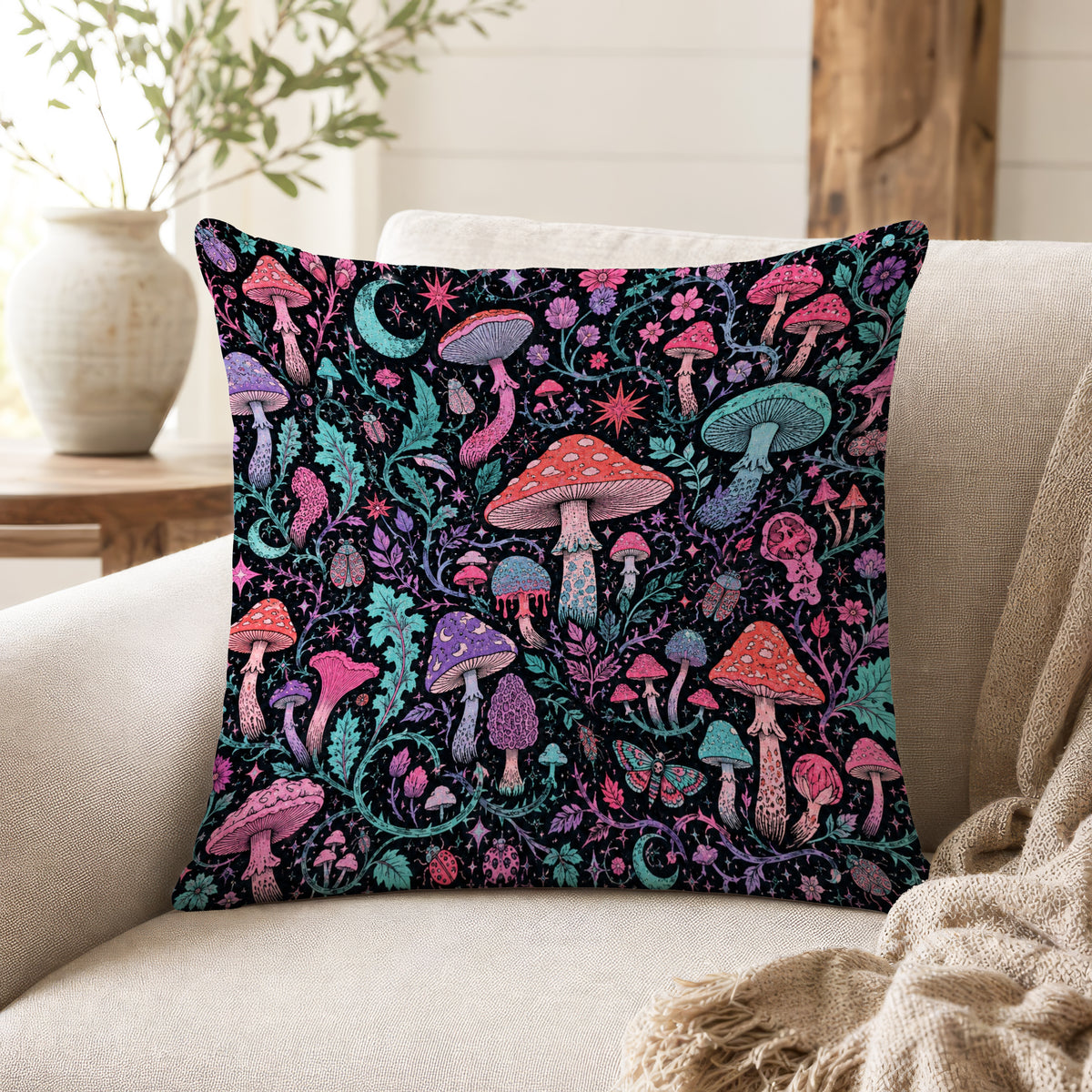 Midnight Mushroom Garden – Whimsical Botanical Pillow