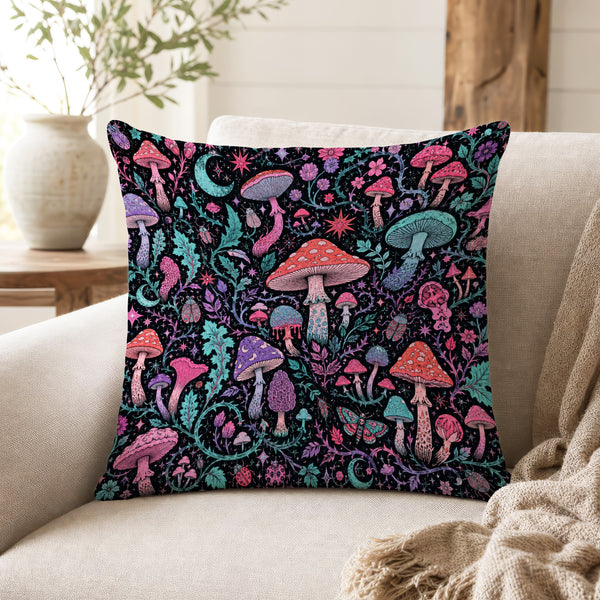 Midnight Mushroom Garden – Whimsical Botanical Pillow