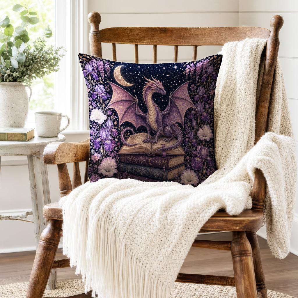 Moonlit Dragon Library – Purple Fantasy Pillow
