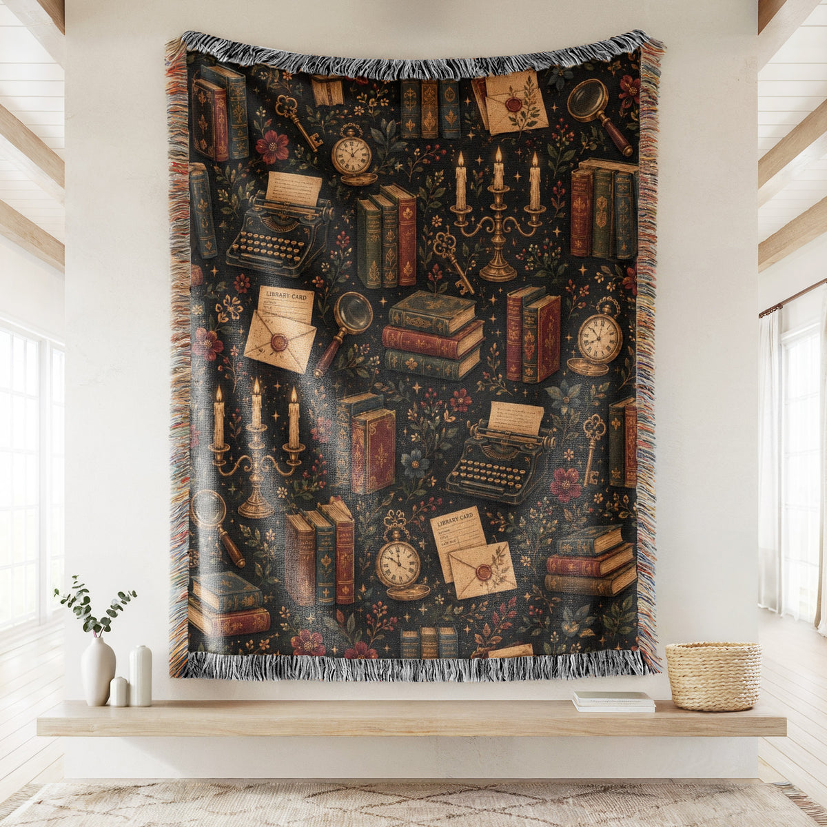 Vintage Dark Academia Library Pattern Blanket