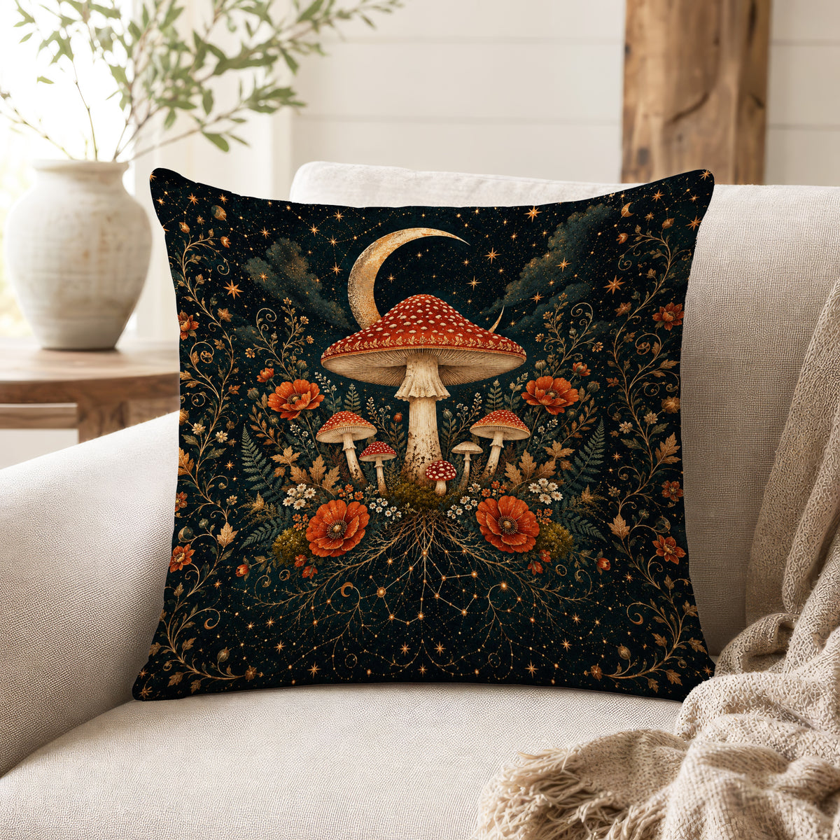Moonlit Toadstools – Celestial Mushroom Pillow