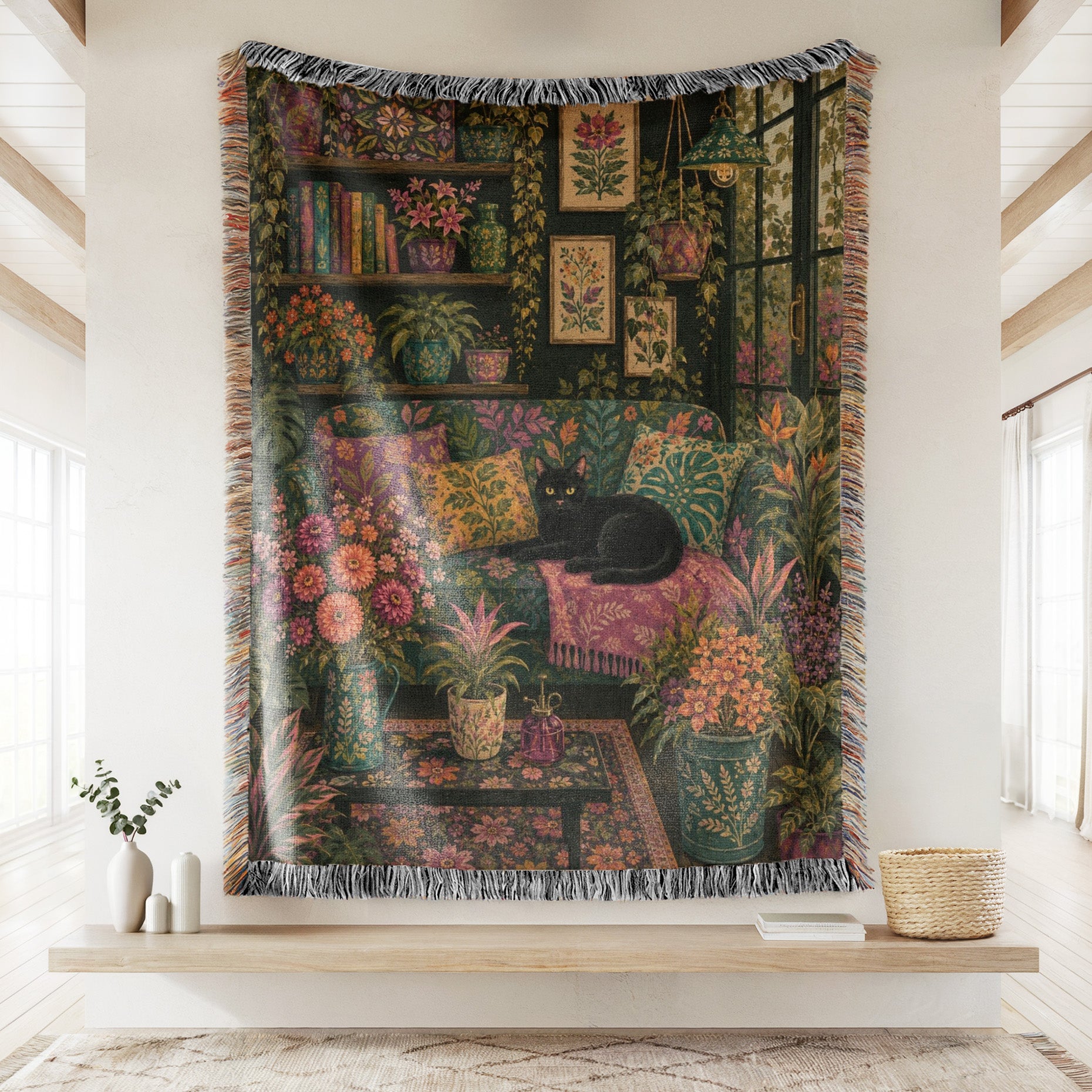 Dark Botanical Black Cat Blanket Secondary image