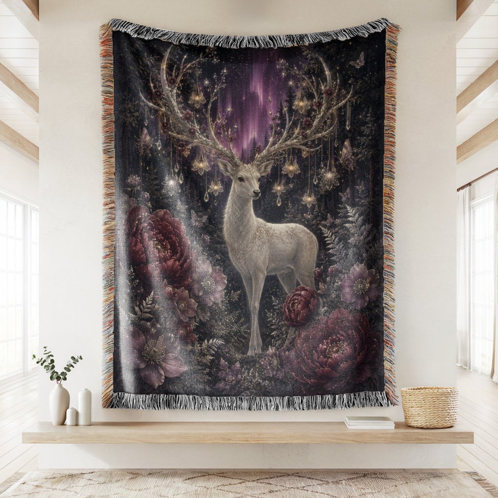 Enchanted White Stag Aurora Blanket