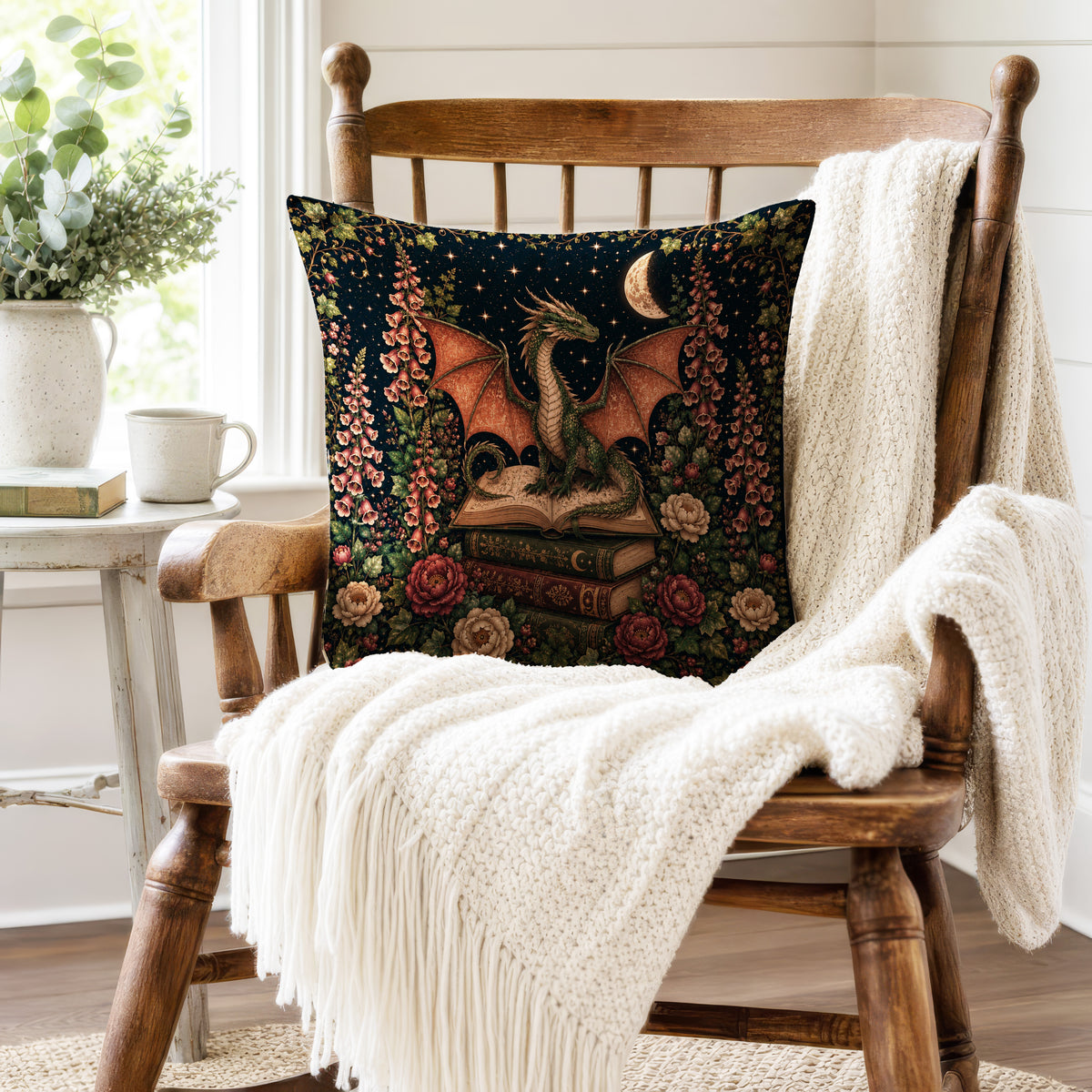 The Ivy Dragon – Dark Botanical Fantasy Pillow