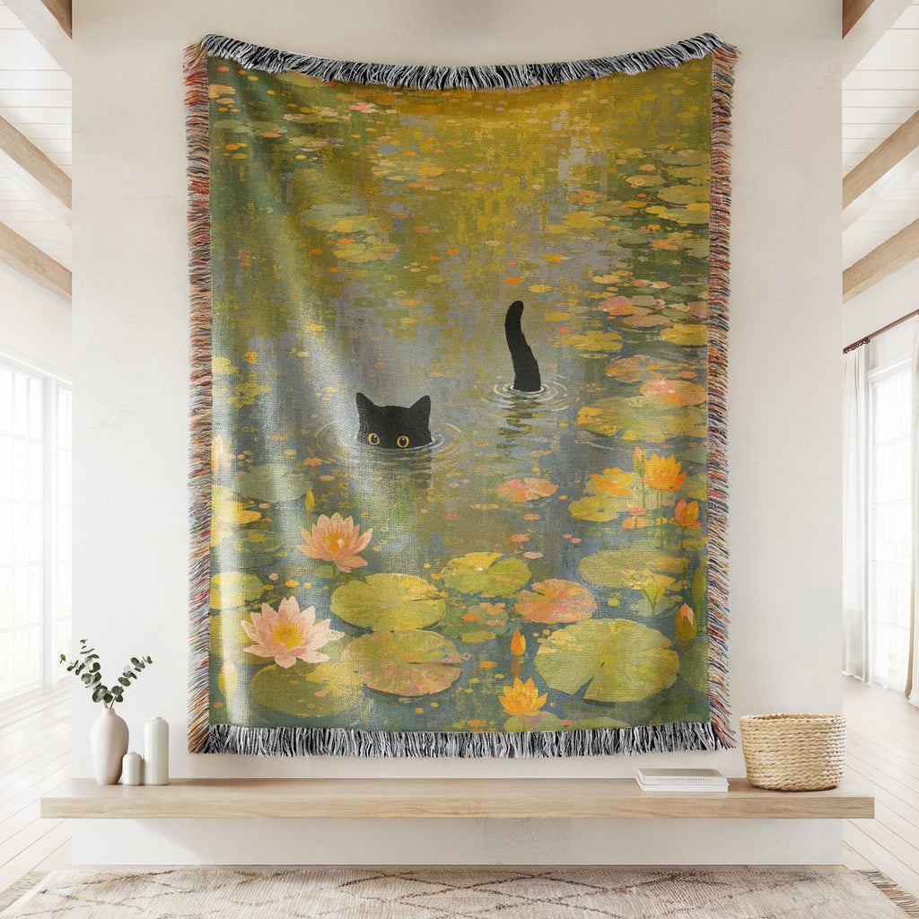 Sunlit Lily Pond Black Cat Blanket