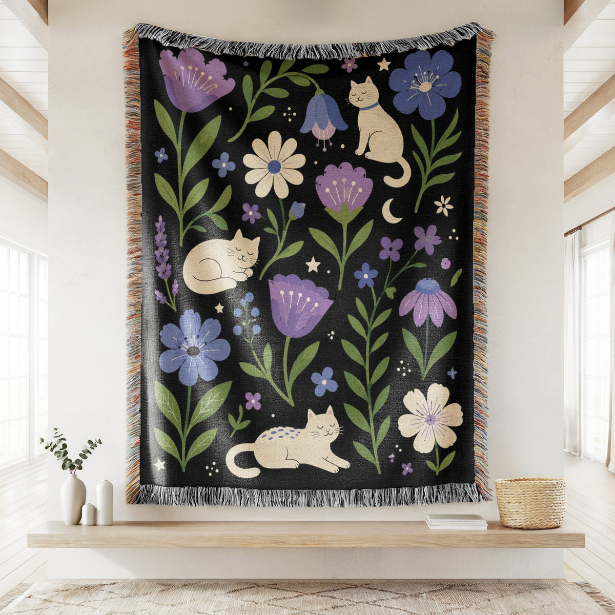 Moonlit Cats in Bloom Blanket