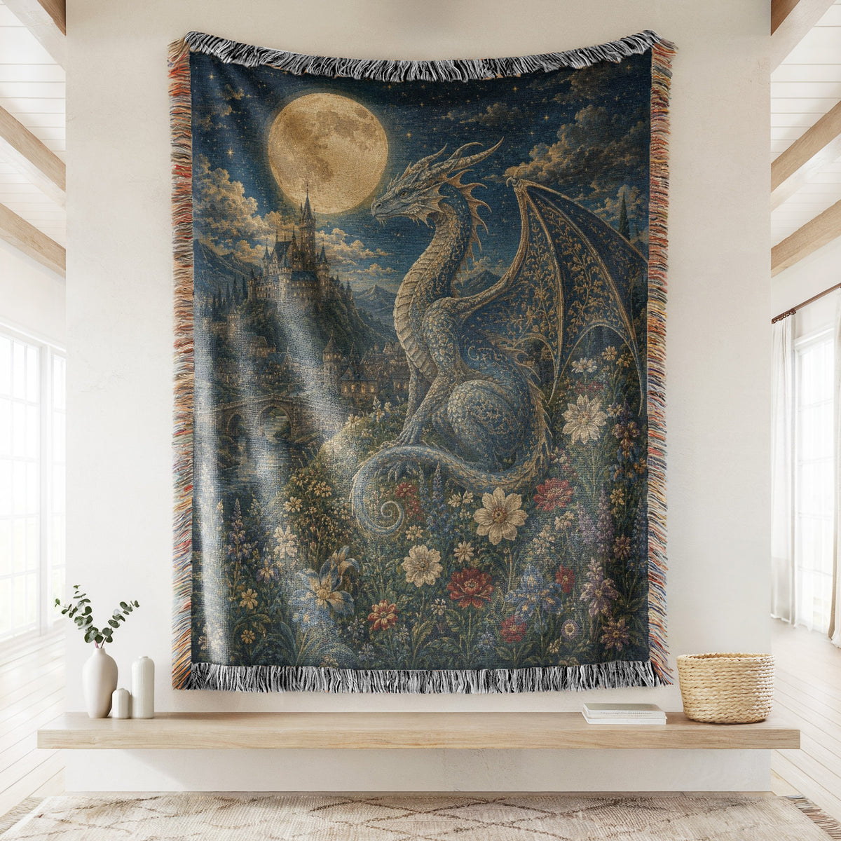 The Moonlit Silver Dragon Blanket