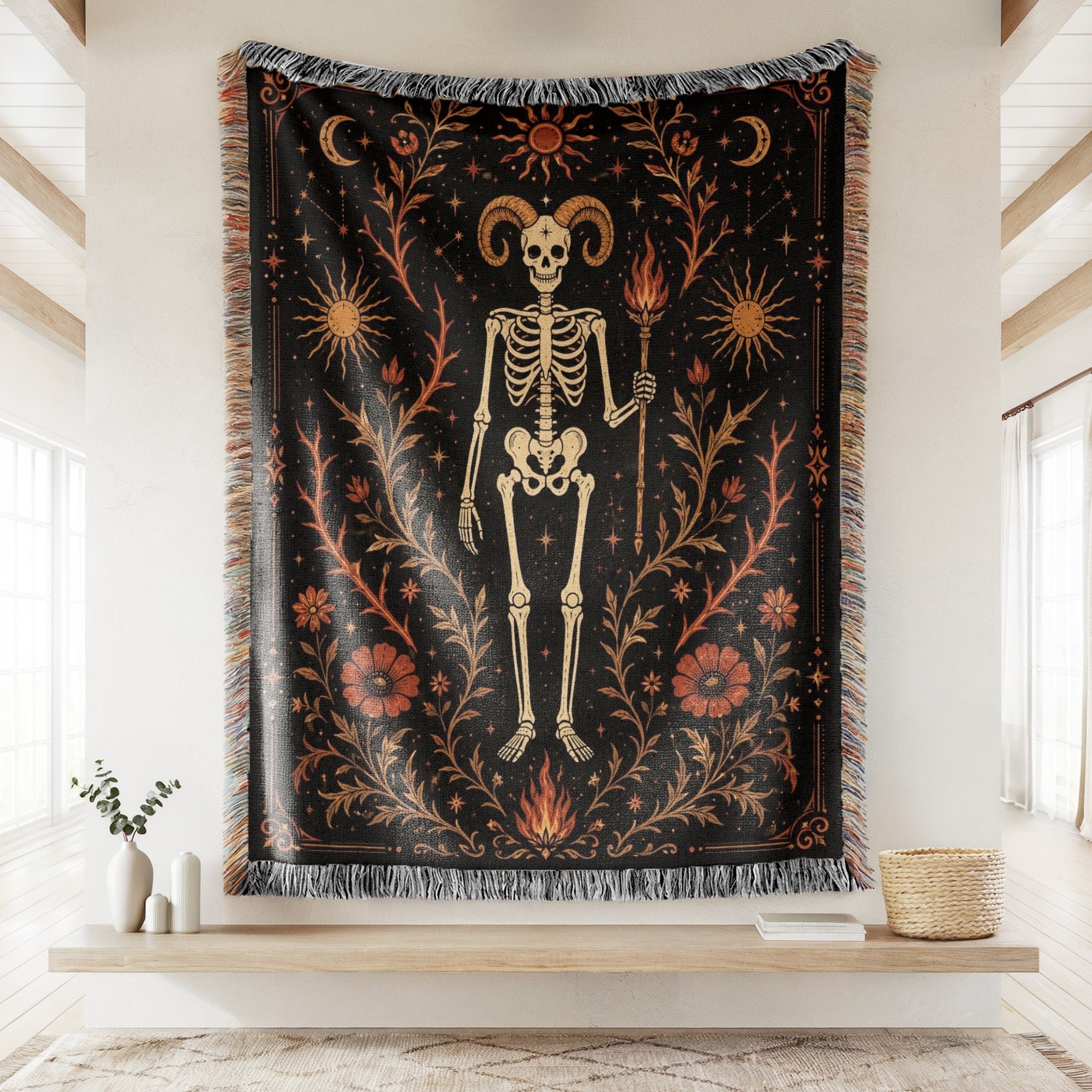 Aries Ram & Flame – Gothic Skeleton Zodiac Blanket Secondary image