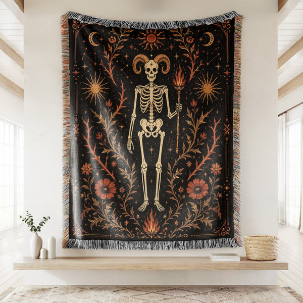 Aries Ram & Flame – Gothic Skeleton Zodiac Blanket