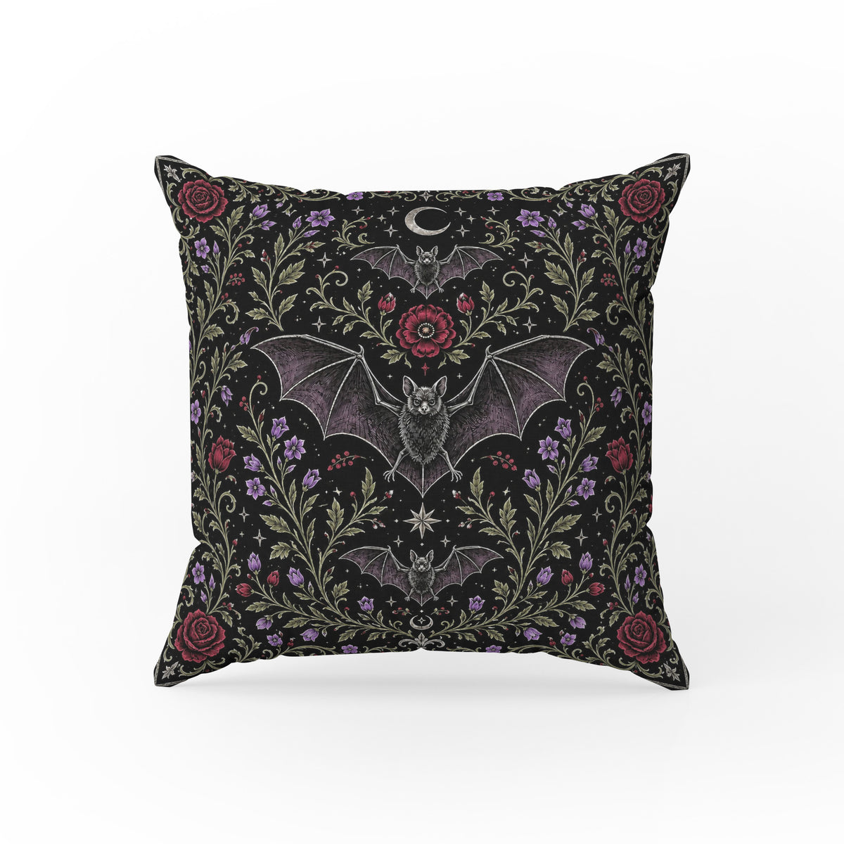 Bats in the Moon Garden – Gothic Floral Pillow Main image