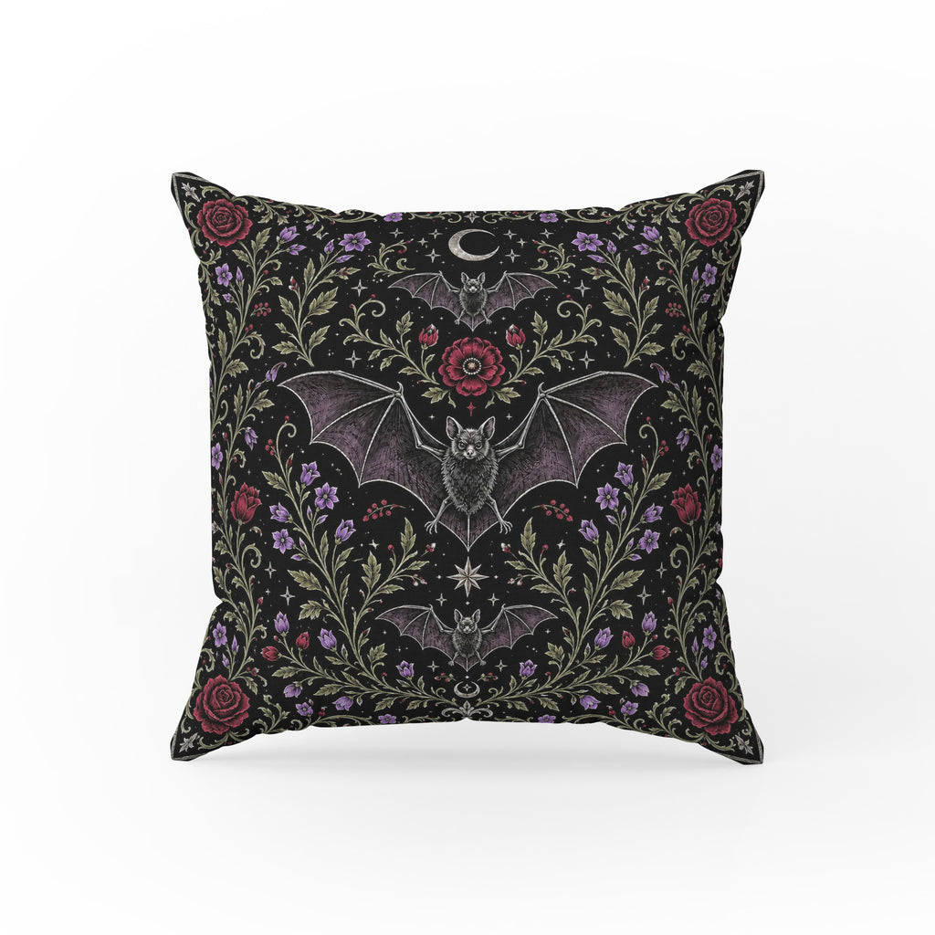 Bats in the Moon Garden – Gothic Floral Pillow