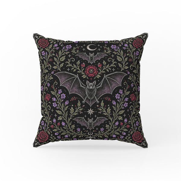 Bats in the Moon Garden – Gothic Floral Pillow