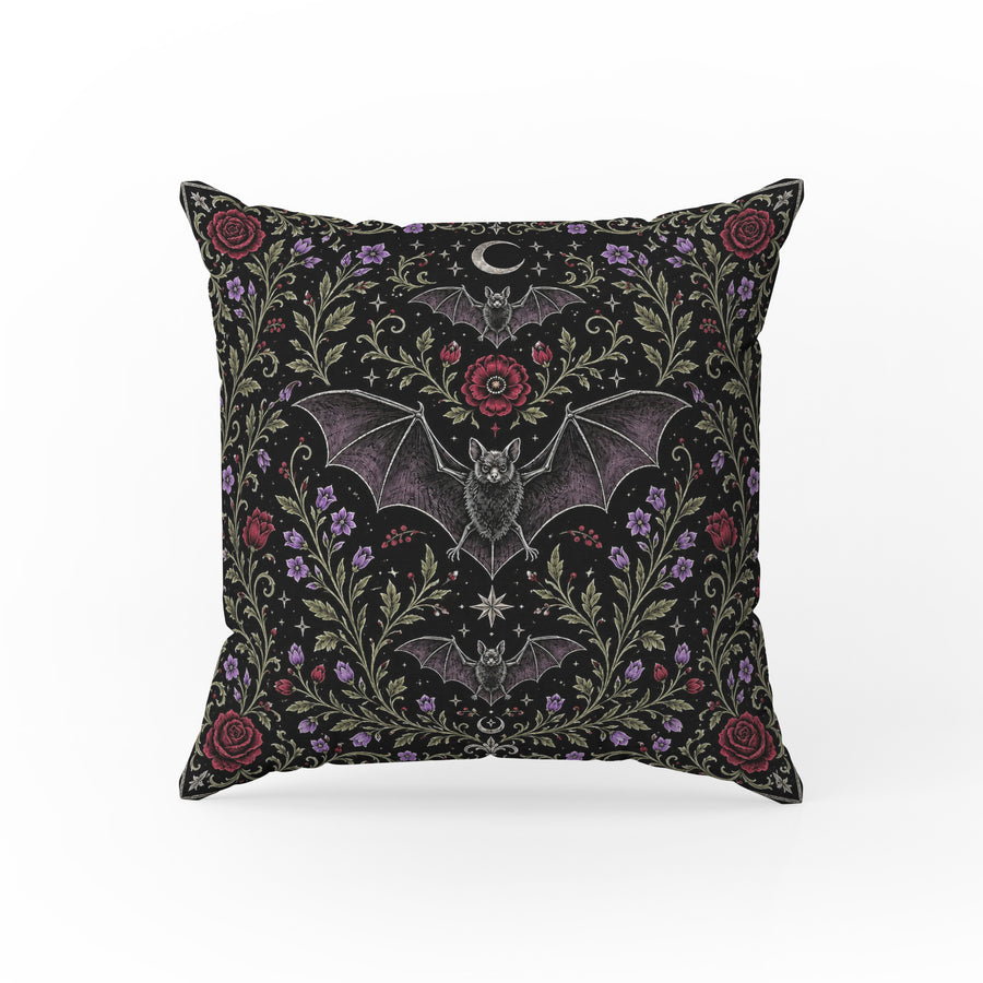 Bats in the Moon Garden – Gothic Floral Pillow