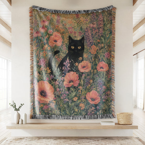Poppy Meadow Black Cat Blanket