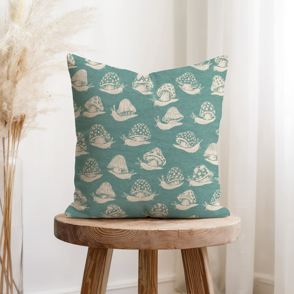 Mushroom Snails – Teal Woodland Pillow
