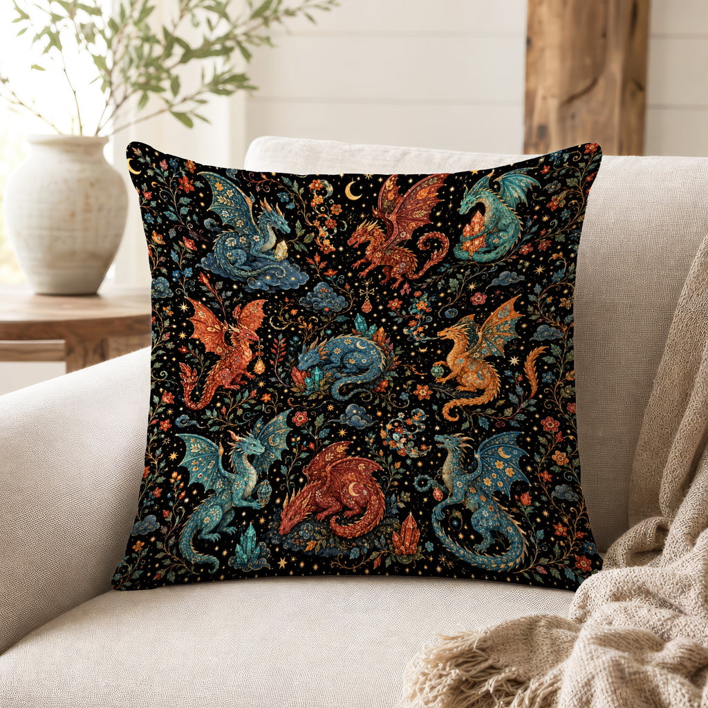 Celestial Dragon Garden – Whimsical Fantasy Pillow