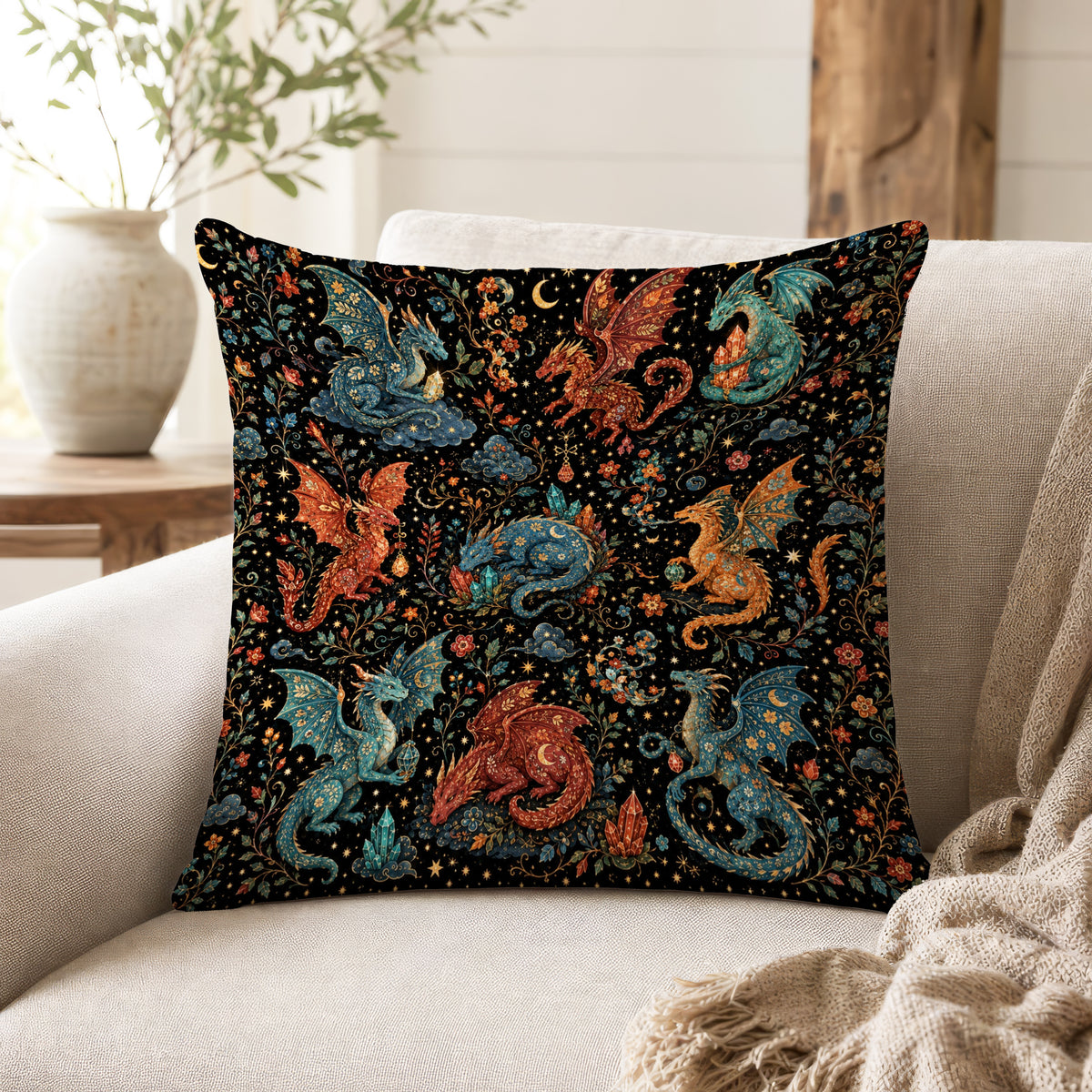 Celestial Dragon Garden – Whimsical Fantasy Pillow